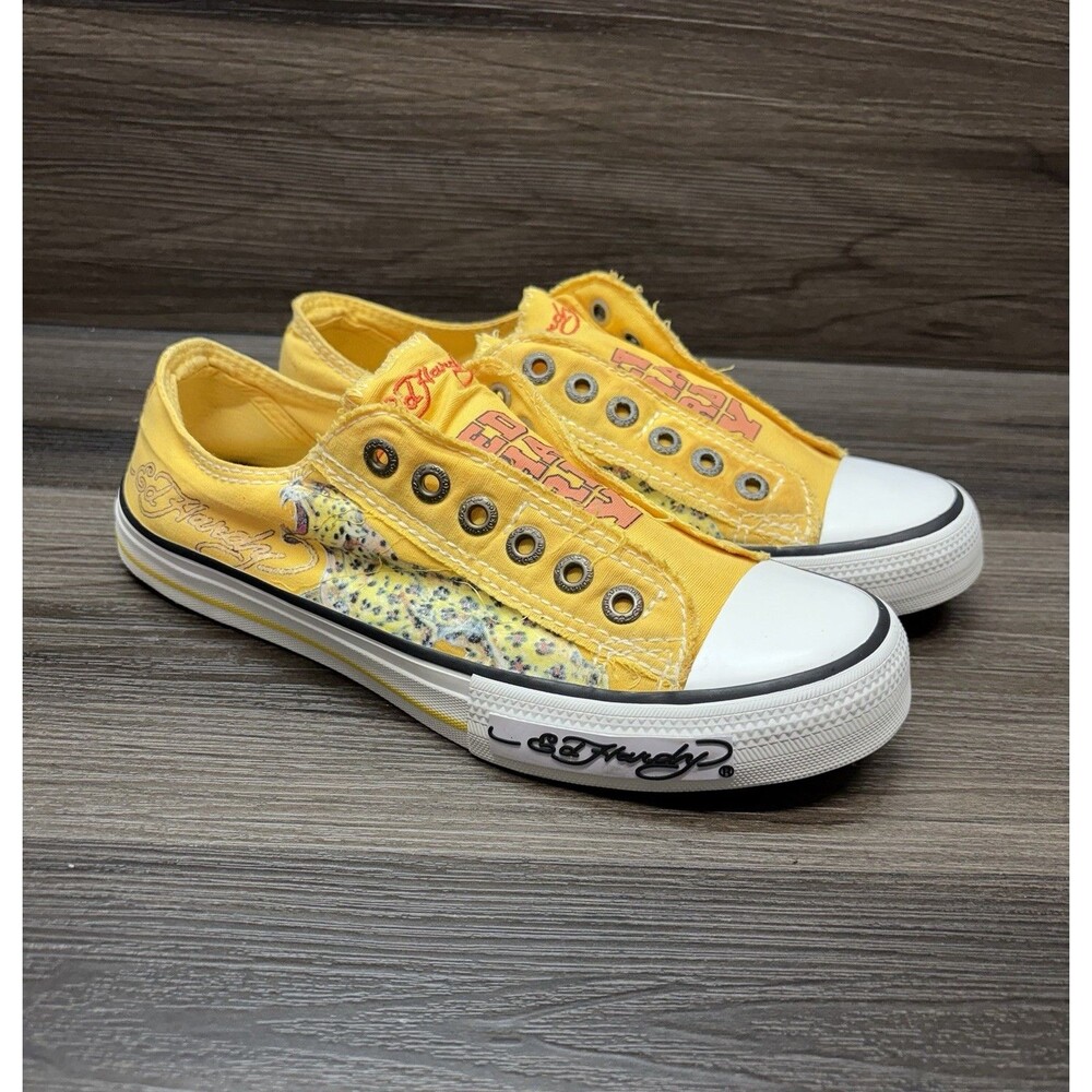 Vintage Ed Hardy Shoes Womens 8 Yellow Leopard Tattoo Slip On Sneakers Y2K